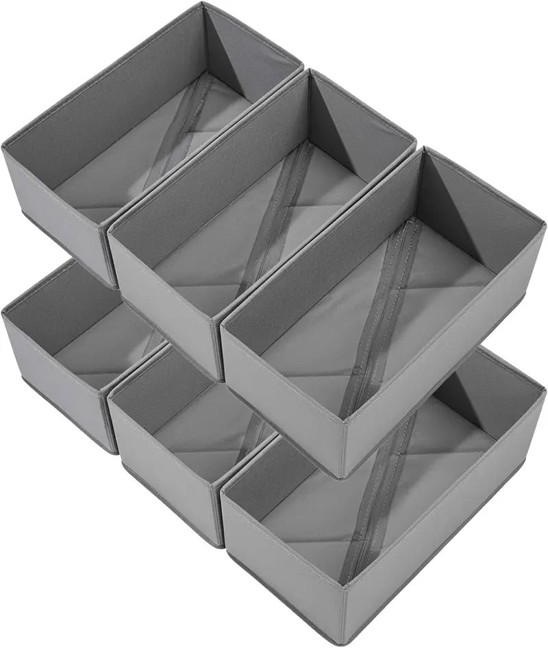 Sock Drawer Organizer 3 Pack - Foldable Fabric Storage Bins for Underwear Divider, Small Closet Organizers with 3 Compartments, Light Gray