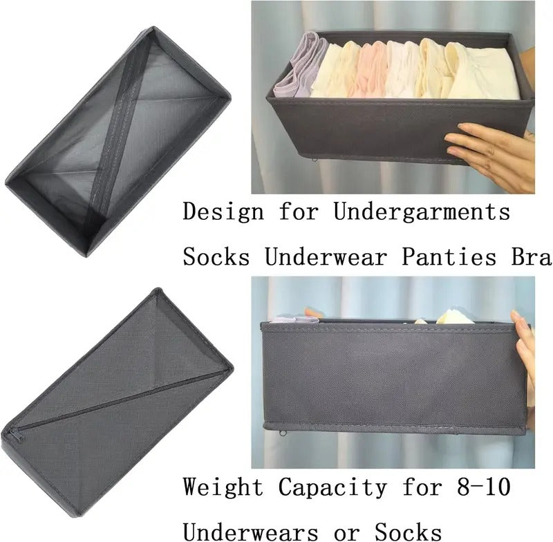 Sock Drawer Organizer 3 Pack - Foldable Fabric Storage Bins for Underwear Divider, Small Closet Organizers with 3 Compartments, Light Gray