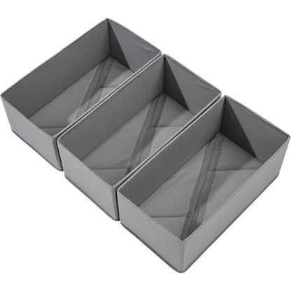 Sock Drawer Organizer 3 Pack - Foldable Fabric Storage Bins for Underwear Divider, Small Closet Organizers with 3 Compartments, Light Gray