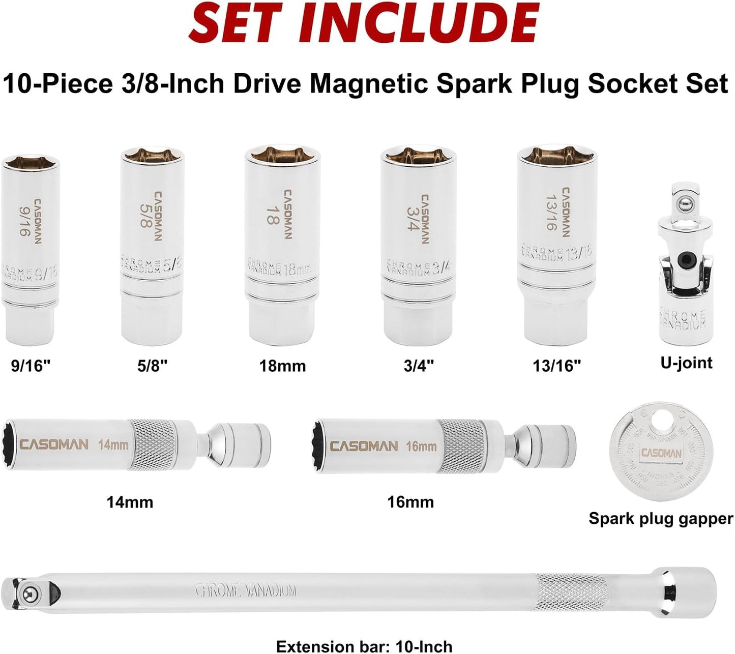10PCS 3/8"Drive Magnetic Spark Plug Socket Set, 6PT&12PT, Include Extension Bar, Universal Joint & Spark Plug Gapper, CR-V Steel
