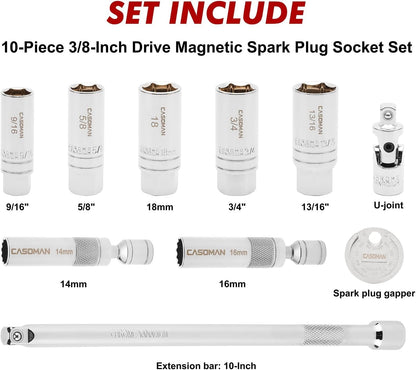 10PCS 3/8"Drive Magnetic Spark Plug Socket Set, 6PT&12PT, Include Extension Bar, Universal Joint & Spark Plug Gapper, CR-V Steel