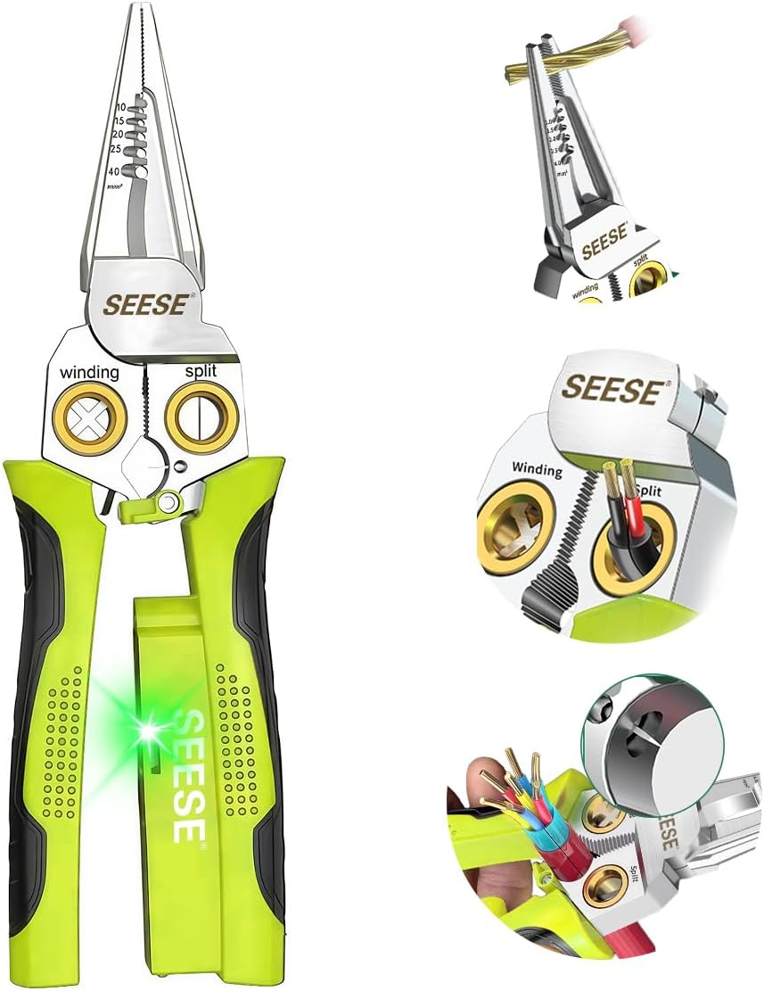 8-in-1 Wire Stripper for Electrician: Needle Nose Pliers with Voltage Tester & Dual Alarms - Electrical Pliers for Cutting Wires, Pulling Wires and Crimp Wires
