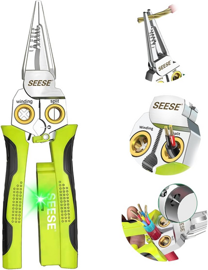 8-in-1 Wire Stripper for Electrician: Needle Nose Pliers with Voltage Tester & Dual Alarms - Electrical Pliers for Cutting Wires, Pulling Wires and Crimp Wires
