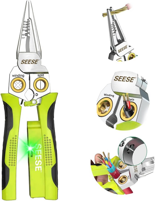 8-in-1 Wire Stripper for Electrician: Needle Nose Pliers with Voltage Tester & Dual Alarms - Electrical Pliers for Cutting Wires, Pulling Wires and Crimp Wires