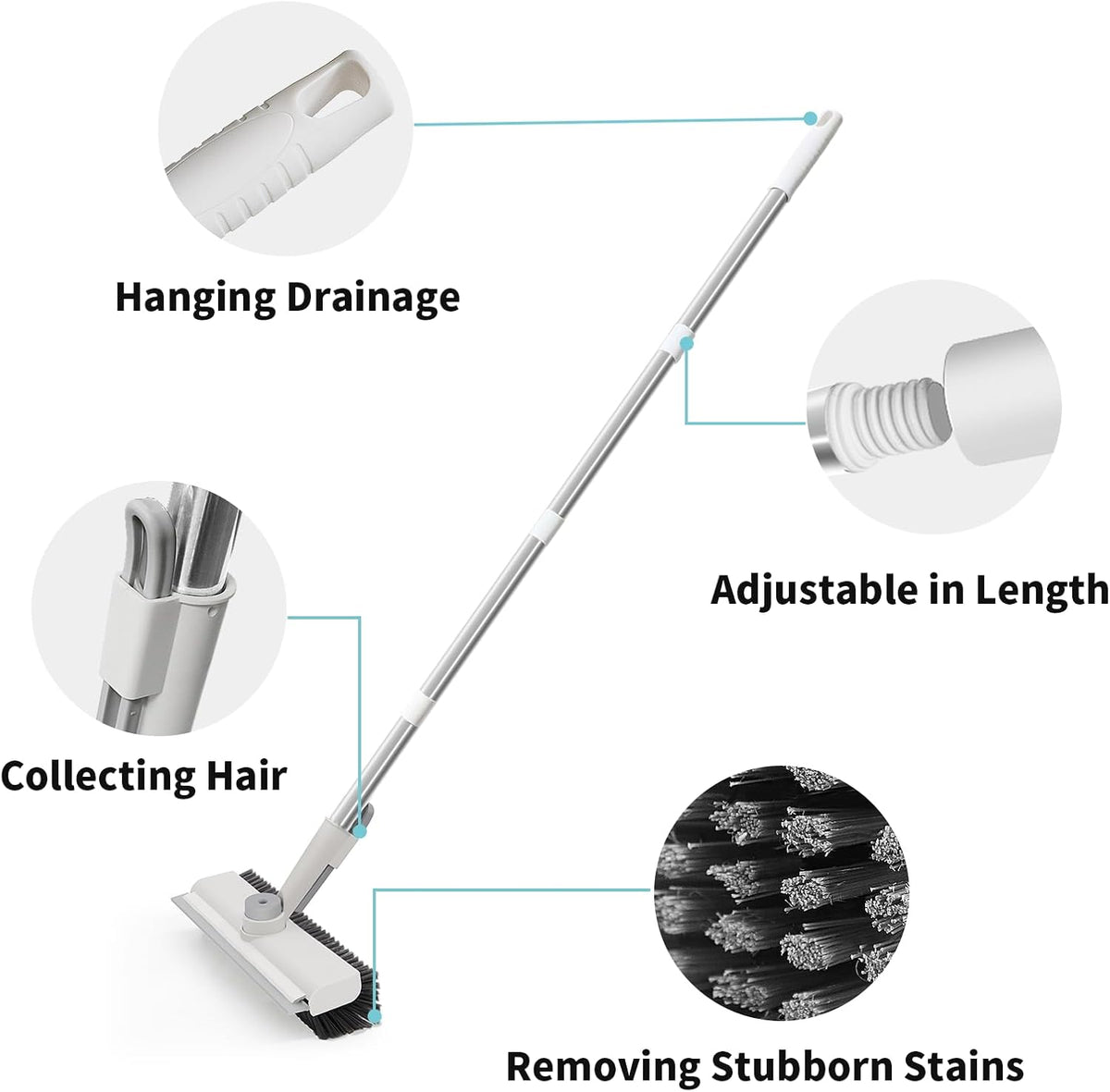 360° Rotating Floor Cleaning Brush – 3-in-1 Long Handle Scrubber with Silicone Squeegee, Adjustable Stainless Steel Pole for Bathroom, Tile & Home Cleaning