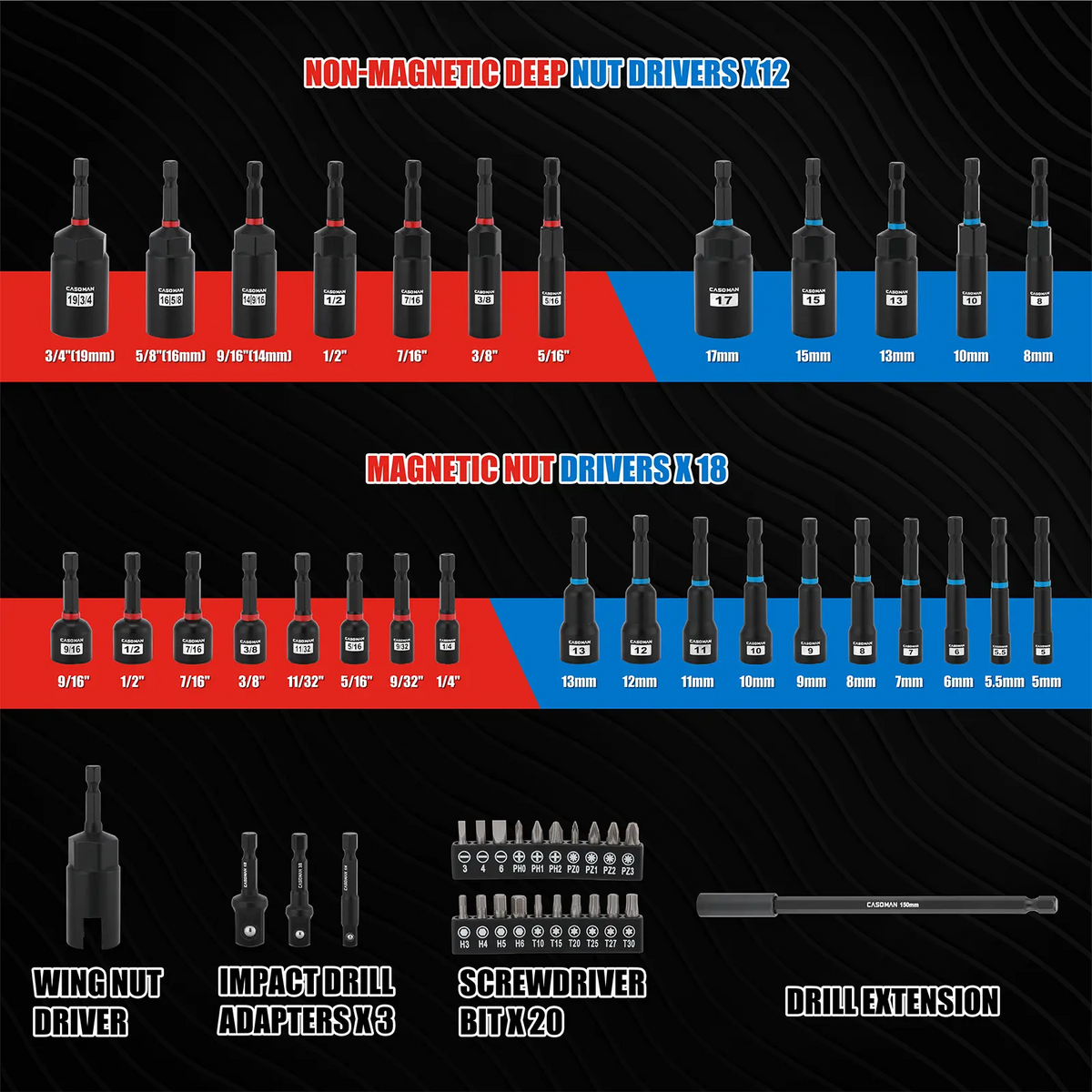 55-Piece Magnetic Nut Driver Set with Magnetic Screwdriver Bits for Impact Drill - Deep, Shallow, Metric/SAE, Bit Extension Bar, Socket Adapters, Wing Nut Driver, Tool Box - Manufacturer Warranty, Father's Day Gift