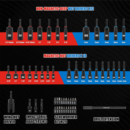 55-Piece Magnetic Nut Driver Set with Magnetic Screwdriver Bits for Impact Drill - Deep, Shallow, Metric/SAE, Bit Extension Bar, Socket Adapters, Wing Nut Driver, Tool Box - Manufacturer Warranty, Father's Day Gift