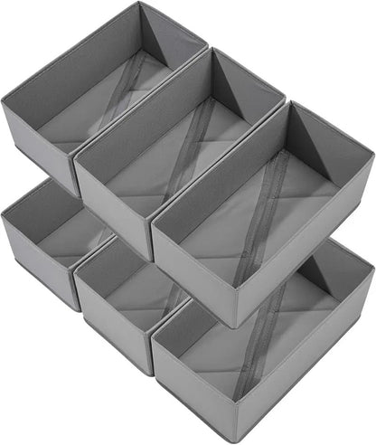Sock Drawer Organizer 3 Pack - Foldable Fabric Storage Bins for Underwear Divider, Small Closet Organizers with 3 Compartments, Light Gray