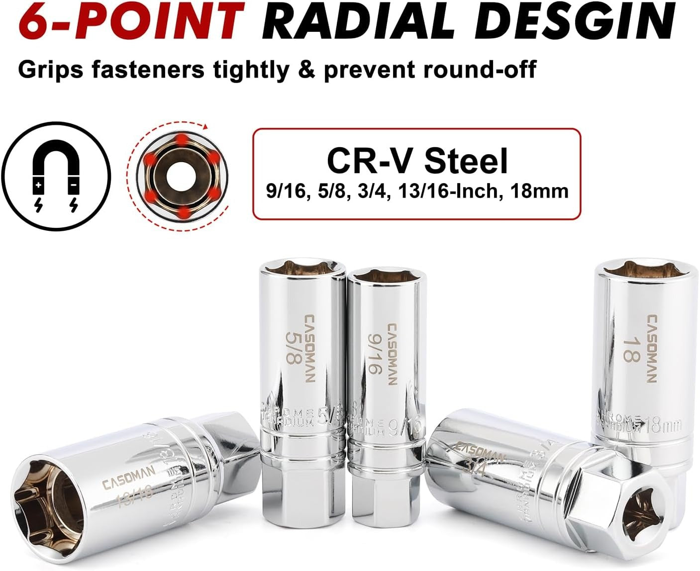 10PCS 3/8"Drive Magnetic Spark Plug Socket Set, 6PT&12PT, Include Extension Bar, Universal Joint & Spark Plug Gapper, CR-V Steel