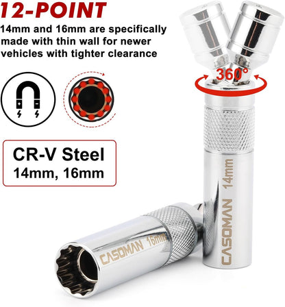 10PCS 3/8"Drive Magnetic Spark Plug Socket Set, 6PT&12PT, Include Extension Bar, Universal Joint & Spark Plug Gapper, CR-V Steel