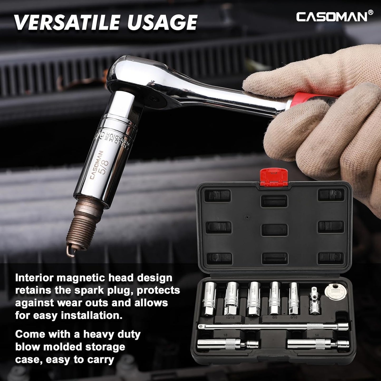 10PCS 3/8"Drive Magnetic Spark Plug Socket Set, 6PT&12PT, Include Extension Bar, Universal Joint & Spark Plug Gapper, CR-V Steel