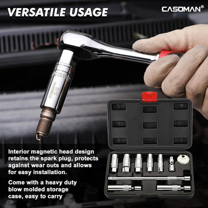 10PCS 3/8"Drive Magnetic Spark Plug Socket Set, 6PT&12PT, Include Extension Bar, Universal Joint & Spark Plug Gapper, CR-V Steel