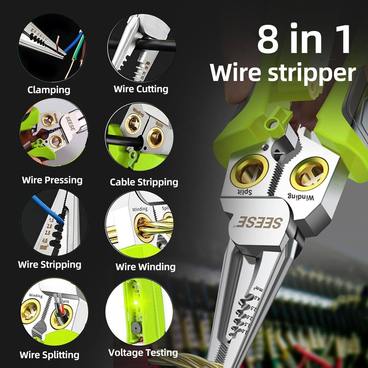 8-in-1 Wire Stripper for Electrician: Needle Nose Pliers with Voltage Tester & Dual Alarms - Electrical Pliers for Cutting Wires, Pulling Wires and Crimp Wires