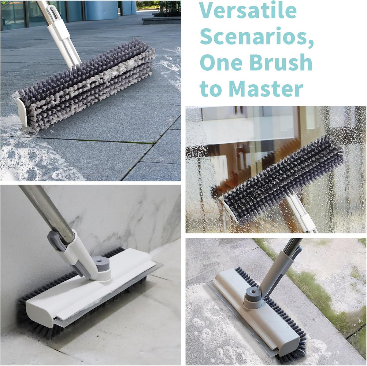 360° Rotating Floor Cleaning Brush – 3-in-1 Long Handle Scrubber with Silicone Squeegee, Adjustable Stainless Steel Pole for Bathroom, Tile & Home Cleaning