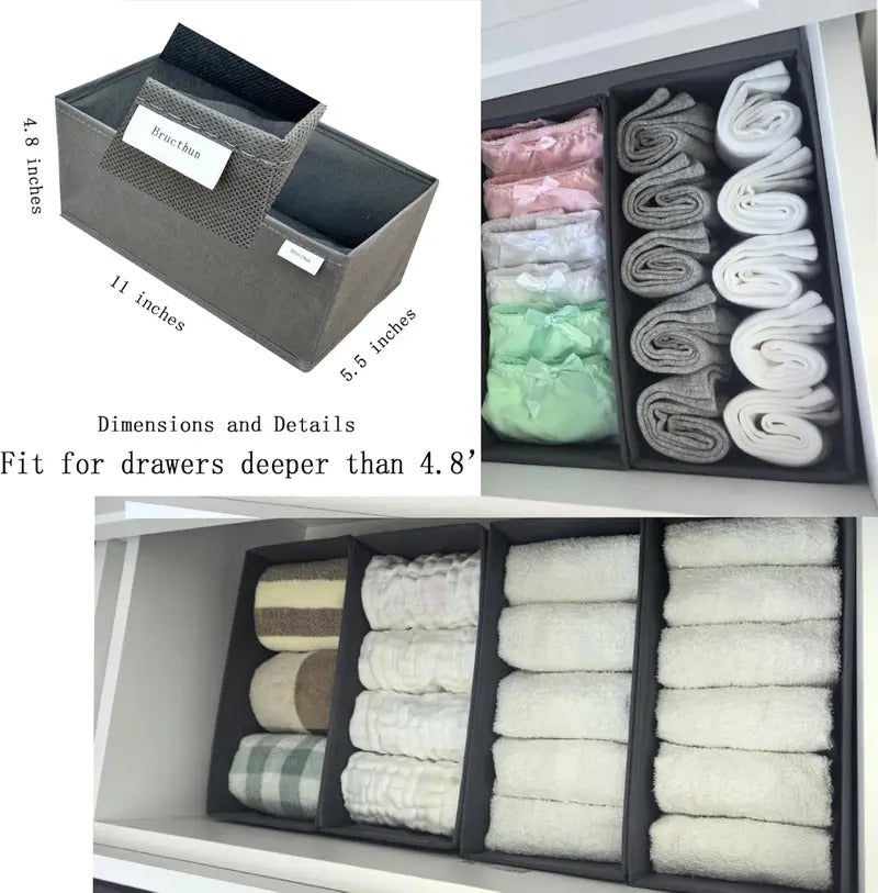 Sock Drawer Organizer 3 Pack - Foldable Fabric Storage Bins for Underwear Divider, Small Closet Organizers with 3 Compartments, Light Gray