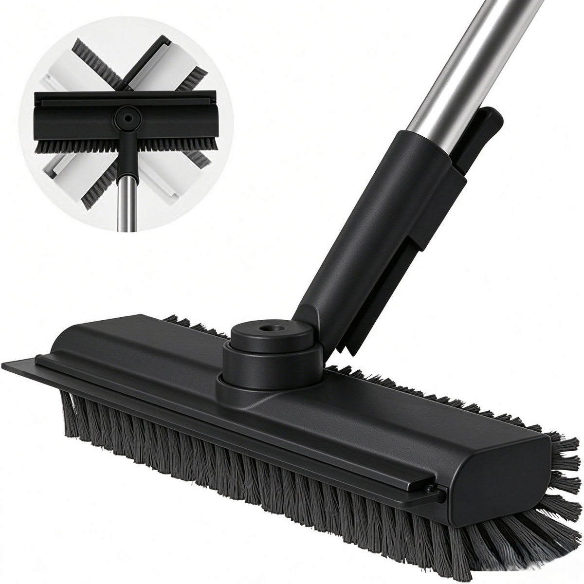 360° Rotating Floor Cleaning Brush – 3-in-1 Long Handle Scrubber with Silicone Squeegee, Adjustable Stainless Steel Pole for Bathroom, Tile & Home Cleaning