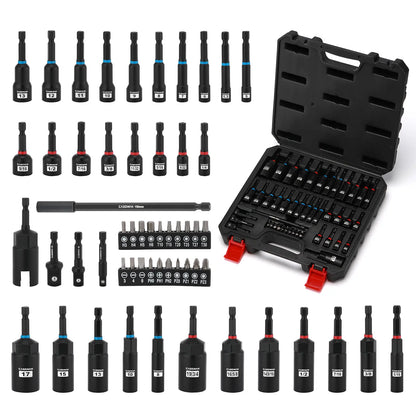 55-Piece Magnetic Nut Driver Set with Magnetic Screwdriver Bits for Impact Drill - Deep, Shallow, Metric/SAE, Bit Extension Bar, Socket Adapters, Wing Nut Driver, Tool Box - Manufacturer Warranty, Father's Day Gift