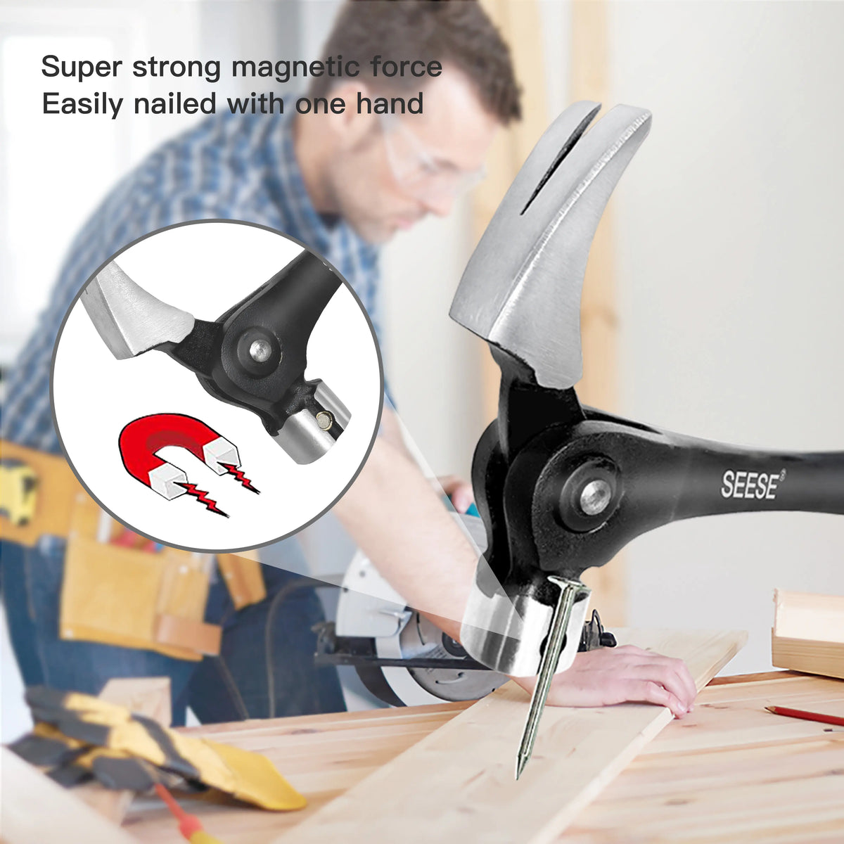Adjustable Nail Puller Hammer – Magnetic Nail Starter with Anti-Slip Shock-Absorbing Handle for DIY, Workshop & Home Repairs