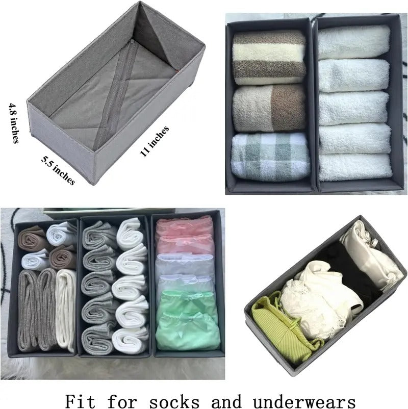 Sock Drawer Organizer 3 Pack - Foldable Fabric Storage Bins for Underwear Divider, Small Closet Organizers with 3 Compartments, Light Gray