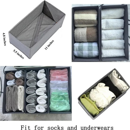 Sock Drawer Organizer 3 Pack - Foldable Fabric Storage Bins for Underwear Divider, Small Closet Organizers with 3 Compartments, Light Gray